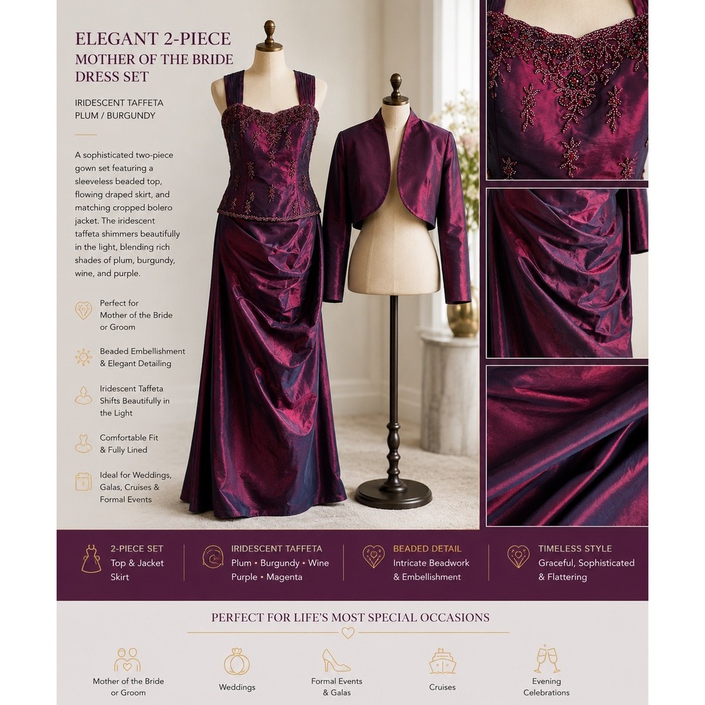 Iridescent Plum Beaded Taffeta Evening Gown & Bolero Jacket Set Size 8 Formal